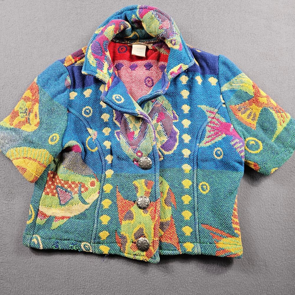 Vintage Aquarium Tapestry Jacket Top Chunky Closed Knit Fish Size M Crop Art